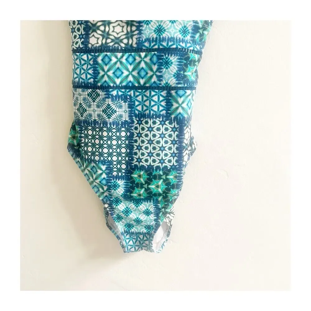 Bleu Rod Beattie One-Piece Swimsuit Size 6 Cross Strap Back Blue Motif Design